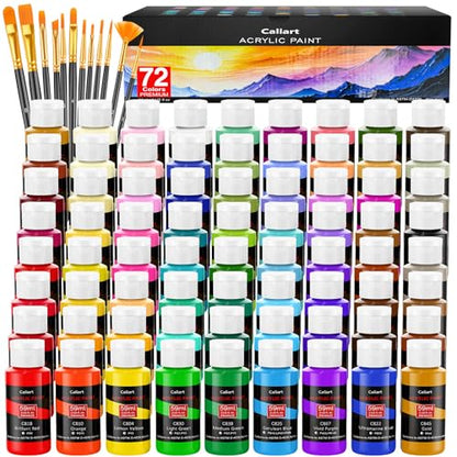 72 Colors Acrylic Paint Set with 12 Brushes (144 Fl Oz)