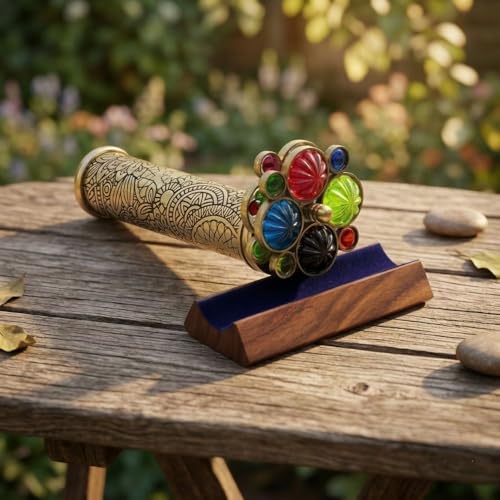 Handcrafted Etched Floral Pattern Lacquered Brass Kaleidoscope Includes Two Separate Turning Wheels