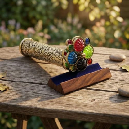 Handcrafted Etched Floral Pattern Lacquered Brass Kaleidoscope Includes Two Separate Turning Wheels