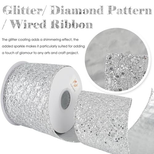 Silver Glitter Diamond Christmas Wired Ribbon 4 inch x 10 Yards (30 Foot)