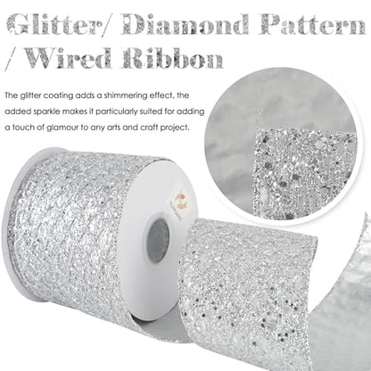 Silver Glitter Diamond Christmas Wired Ribbon 4 inch x 10 Yards (30 Foot)