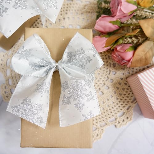White Satin with Silver Snowflake Wired Ribbon 2.5 Inch x 10 Yards for Christmas Home Decor Tree Topper Bow Gift Wrapping DIY Crafts Wreath Garland (30 Foot)