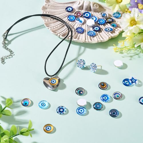 100Pcs 12mm Transparent Evil Eye Glass Cabochons Mixed Blue Eyes Cameo Dome Tiles Flat Back Glass Covered Dome Tiles for DIY Bracelets Necklace Scrapbooking Art Crafts (100 Count)