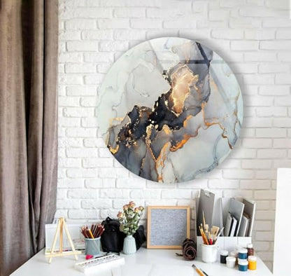 15.8''(40cm) Diameter Gold Details Gray Marble Round Glass Wall Art Tempered Glass Printing Wall Decor Large Wall Art Wall Hangings
