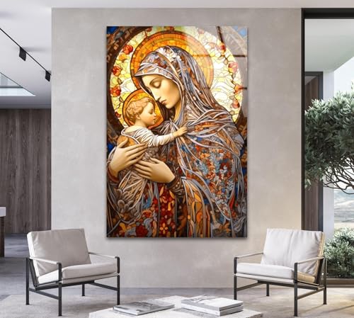 10Wx12H'' Jesus and Virgin Mary Glass Wall Art Tempered Glass Printing Wall Decor Large Wall Art Wall Hangings
