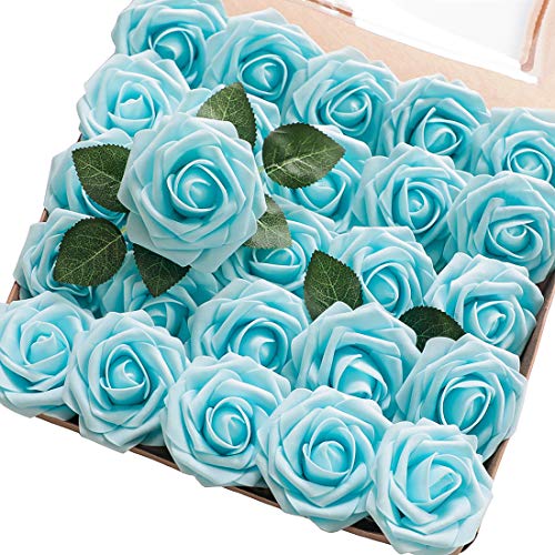 Artificial Flowers 25pcs Real Looking Aqua Blue Foam Fake Roses with Stems for DIY Wedding Bouquets Baby Shower Centerpieces Floral Arrangements Party Tables Home Decorations (25 Count)