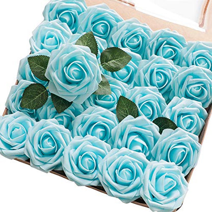 Artificial Flowers 50pcs Real Looking Aqua Blue Foam Fake Roses with Stems for DIY Wedding Bouquets Bridal Shower Centerpieces Floral Arrangements Party Tables Home Decorations (50 Count)