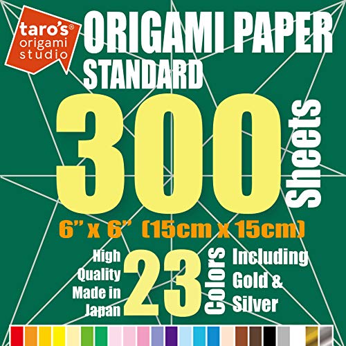 Taro's Origami Studio] Standard 6 Inch One Sided 23 Colors 300 Sheets Square Easy Fold Premium Japanese Paper for Beginner
