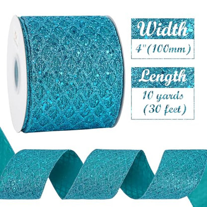 Turquoise Glitter Wired Christams Ribbon 4 inch x 10 Yards (30 Foot)