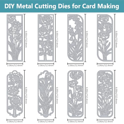 8PCS Background Flower Frame Metal Cutting Dies Floral Die Cuts for Card Making Rectangle Frame Metal Die Cuts Embossing Stencil Template for DIY Crafting Scrapbooking Bookmark Album Decor (8 Count)