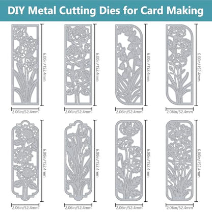 8PCS Background Flower Frame Metal Cutting Dies Floral Die Cuts for Card Making Rectangle Frame Metal Die Cuts Embossing Stencil Template for DIY Crafting Scrapbooking Bookmark Album Decor (8 Count)