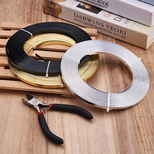 98Ft 3 Colors Aluminum Flat Wire 5mm Wide Bendable Metal Craft Wire Strip 18 Gauge with Side Cutting Plier for Bezel Sculpting Armature Jewelry Making Gem Metal Wrap