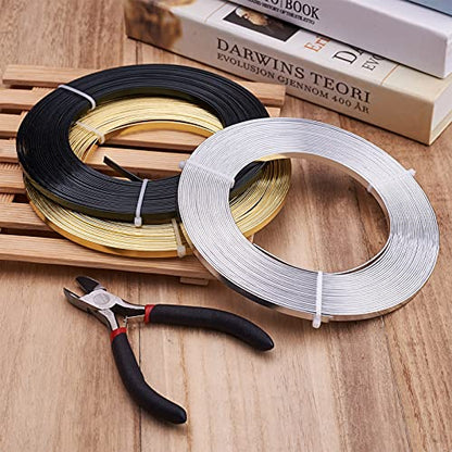 98Ft 3 Colors Aluminum Flat Wire 5mm Wide Bendable Metal Craft Wire Strip 18 Gauge with Side Cutting Plier for Bezel Sculpting Armature Jewelry Making Gem Metal Wrap
