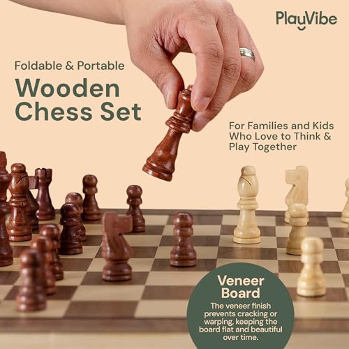 Wooden Chess Set 15'' & Checkers Board Games for All Players with 2 Extra Queens
