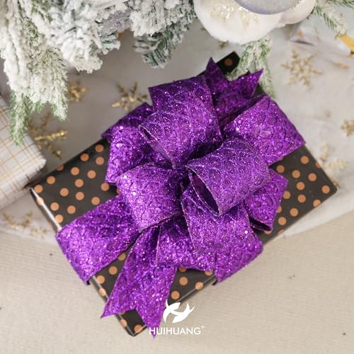 Purple Glitter Diamond Christmas Wired Ribbon 4 inch x 10 Yards (30 Foot)