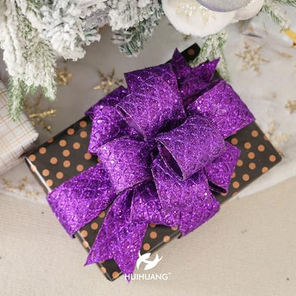 Purple Glitter Diamond Christmas Wired Ribbon 4 inch x 10 Yards (30 Foot)