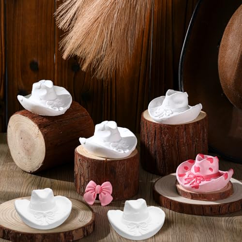 6 Set Cowboy Hat Ceramics to Paint Ready to Paint Your Own Ceramic Cowgirl Hat DIY Unpainted Plaster Paintable Kit Craft with Brush Palette for Adult Western Table Centerpieces Decorations (6 Count)