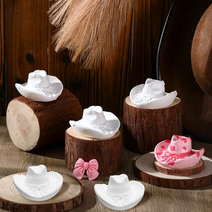 6 Set Cowboy Hat Ceramics to Paint Ready to Paint Your Own Ceramic Cowgirl Hat DIY Unpainted Plaster Paintable Kit Craft with Brush Palette for Adult Western Table Centerpieces Decorations (6 Count)