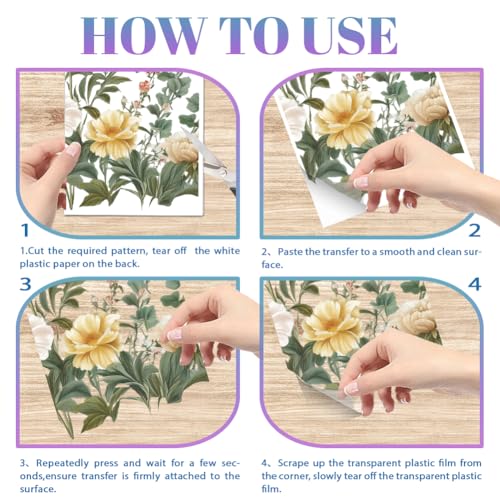 4 Sheets Light Vintage Florals Furniture Transfer 11.8x5.9inch Butterflies Peonies Rub on Transfer Wildflowers UV Self (4 Count)