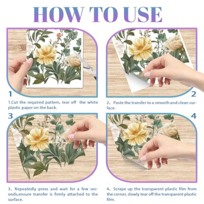 4 Sheets Light Vintage Florals Furniture Transfer 11.8x5.9inch Butterflies Peonies Rub on Transfer Wildflowers UV Self (4 Count)