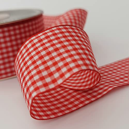 1.5 Inch Red and White Woven Edge 100% Polyester Gingham Ribbon 25 Yards Each Roll (75 Feet)