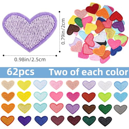 62 Pcs Colorful Embroidered Iron on Heart Patches Hearts Iron on Patches Mini Tiny Fabric Heart Sew on Patch (62 Count)
