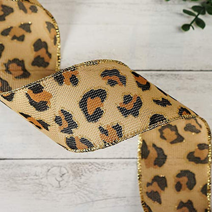 Burlap Leopard Fabric Wired Ribbon 2.5" x 10 Yards Natural with Black and Bronze Color for Christmas Home Wedding Decor Gift Wrapping Tree Topper Bow Wreath Bouquet DIY Crafts (30 Foot)