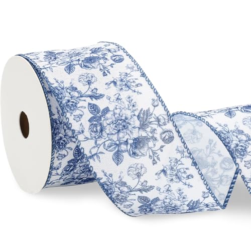 Floral Wired Edge Ribbon Blue Flower Craft Ribbon Chinoiserie Decorative Fabric Ribbons for DIY Crafts Wreath Bow Making