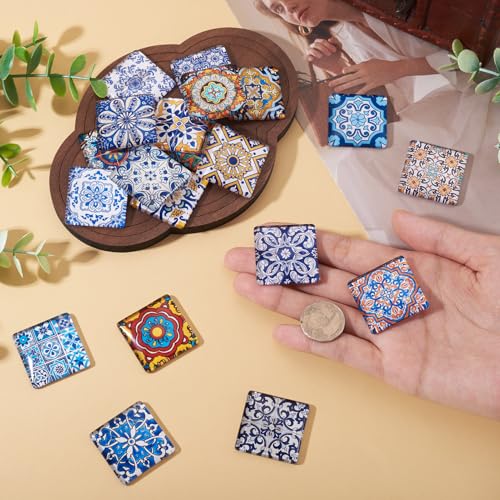 20Pcs 30mm Square Glass Cabochons Flower Printed Mosaic Tile Glass Cabochon Vintage Flower Floor Dome Cabochon for Photo Pendant Earrings Necklace Bracelet Keychain Rings Jewelry Making