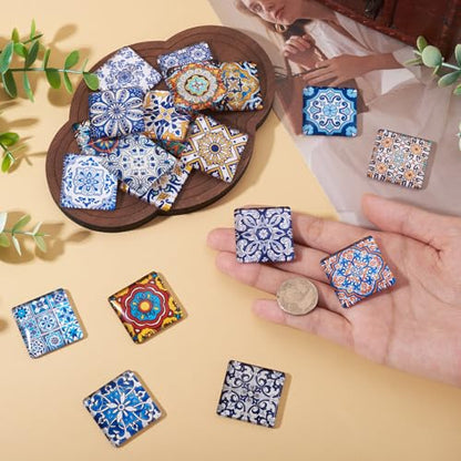 20Pcs 30mm Square Glass Cabochons Flower Printed Mosaic Tile Glass Cabochon Vintage Flower Floor Dome Cabochon for Photo Pendant Earrings Necklace Bracelet Keychain Rings Jewelry Making