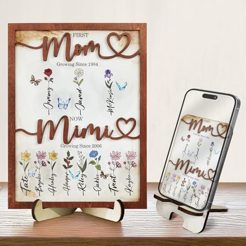 First Mom Now Grandma Wood Frame with Phone Stand Gifts Mothers Day New Grandmother Custom Grandma's Garden Plaque Birth Month Flowers Sign with Grandkids Names