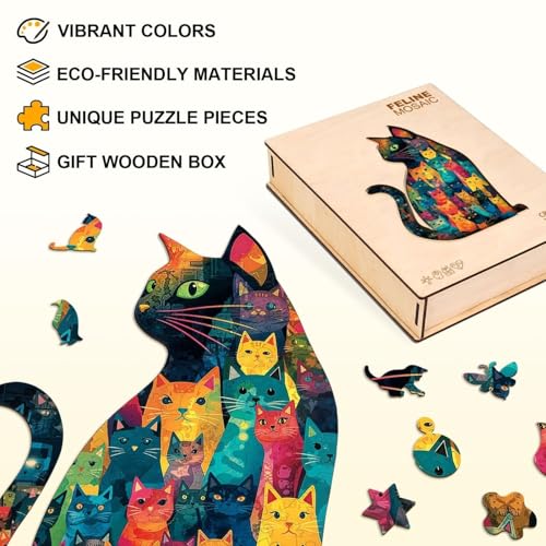 Mosaic Many Faces Sitting Black Cat Puzzles Adults Gifts Wooden 175 Pieces 14.4 * 9.2in