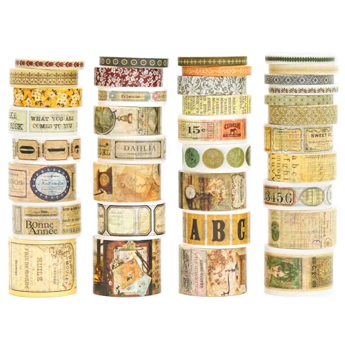 36 Rolls Vintage Washi Tape Pack Retro Arts Adhesive Tapes Wide Chronicle Decorative Masking Tape Sets for Craft (36 Count)