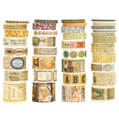 36 Rolls Vintage Washi Tape Pack Retro Arts Adhesive Tapes Wide Chronicle Decorative Masking Tape Sets for Craft (36 Count)