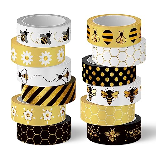 12 Rolls Bee Washi Tape Summer Honey Bee Honeycomb Foil Gold Black Washi Masking Tape Bumblebee Daisy Dots Adhesive Masking Tapes for Scrapbook Gift Wrapping DIY Art Crafts (118.1 Foot)