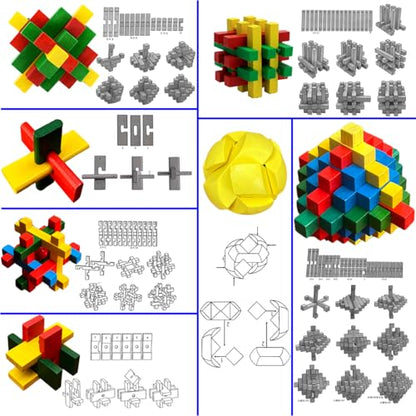 18 Pack Large Wooden Brain Teaser Puzzles Wooden Burr Puzzles Brain Teaser Puzzle with Gift Packing Box Magic Puzzle Games Toys Stocking Stuffers Party Favors for Kids and Adults (18 Count)