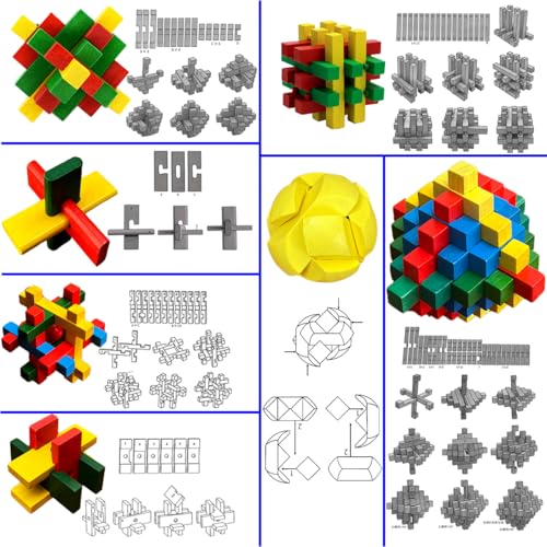 18 Pack Large Wooden Brain Teaser Puzzles Wooden Burr Puzzles Brain Teaser Puzzle with Gift Packing Box Magic Puzzle Games Toys Stocking Stuffers Party Favors for Kids and Adults (18 Count)