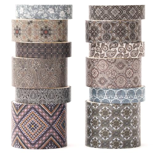 12 Rolls Exotic Charm Washi Tape Set Floral Arts Adhesive Tapes Geometric Garden Decorative Masking Tape Sets for Craft (72 Foot)