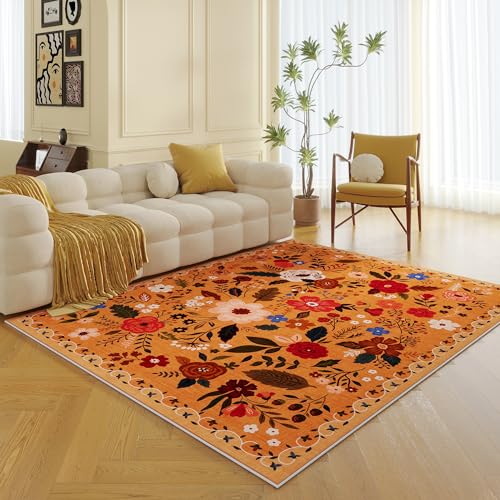 Living Room Rug 5x7 Rug Machine Washable Boho Area Rug Non Slip Floral Vintage Low Pile Large Rugs for Living Room