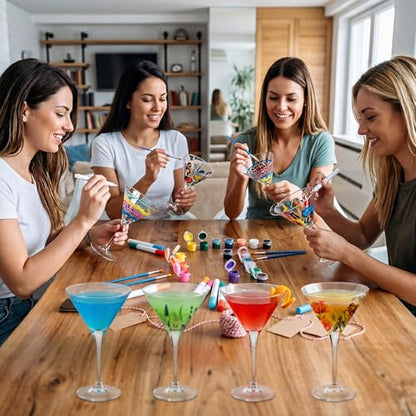 4 Sets Paint Your Own Martini Glasses DIY Kit Personalized Wine Glass Kit with 12 Colors Acrylic 12 Colors Markers Pens Design Your Own Martini Glass for Craft Decoration (4 Count)