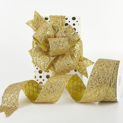 Glitter Gold Diamond Christmas Wired Ribbon 2.5 inch x 10 Yards (30 Foot)
