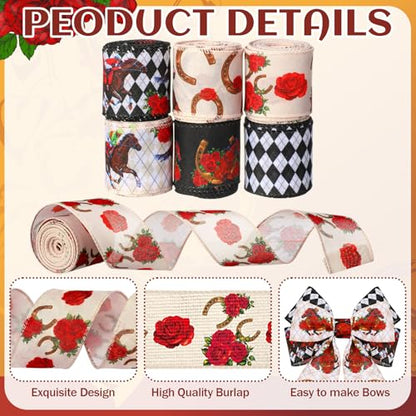 12 Rolls Horse Racing Wired Edge Ribbon for Wreaths Derby Day Decorations 2 Inch x 30 Yards Rose Horse Horseshoe Print Ribbon Run for the Roses Crafts for Party Decorative Supplies 12 Styles (12 Count)