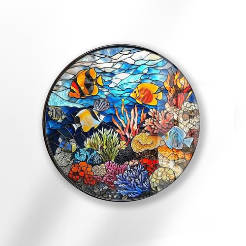27.5''(70cm) Diameter Coral Reef Mosaic Round Glass Wall Art Tempered Glass Printing Wall Decor Large Wall Art Wall Hangings