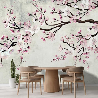 Wall Sticker Wall Mural Watercolor Style Ink Painting Pink Cherry Blossom on Vintage