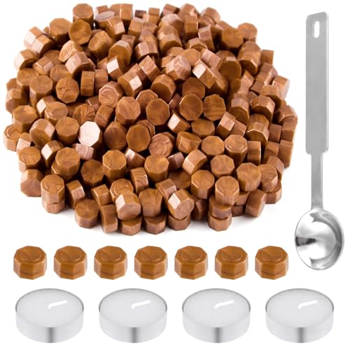 500 Pcs Dark Gold Octagon Wax Seal Beads Kit with 4 Pcs Tea Candles 1 Pc Melting Spoon for DIY Crafts Letters Wedding Wine Bottle Sealing (500 Count)