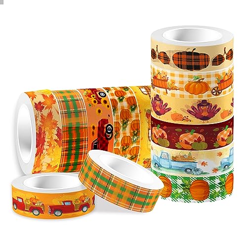 12 Pcs Thanksgiving Print Masking Tape Fall Maple Leaf Washi Tape Pumpkin Pattern Decorative Paper Sticker for Fall Party Holiday Scrapbook DIY Craft Gift Wrapping Handbook Sticker (12 Count)