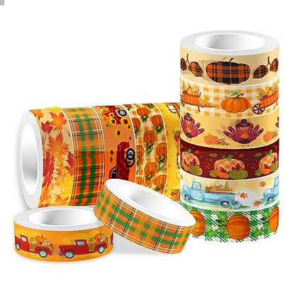 12 Pcs Thanksgiving Print Masking Tape Fall Maple Leaf Washi Tape Pumpkin Pattern Decorative Paper Sticker for Fall Party Holiday Scrapbook DIY Craft Gift Wrapping Handbook Sticker (12 Count)