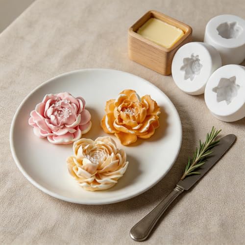 3Pcs 3D Jasmine Peony Flower Silicone Molds for Candle & Soap DIY Craft (3 Count)