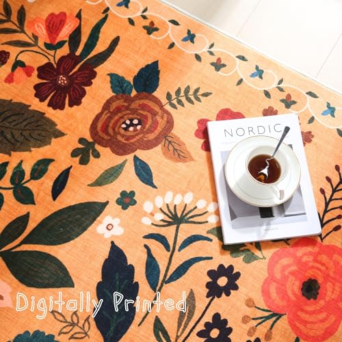 Round Rug 6ft Washable Circle Rug Non Slip Low Pile Boho Floral Small Circular Rug for Bedroom
