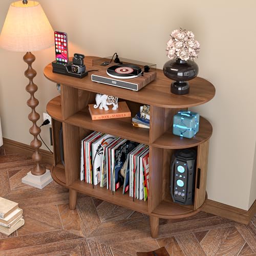 Large Round Record Player Stand with Charging Station & USB Ports